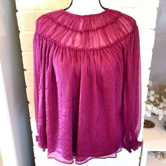 Do + Be Tops - Shimmer Chiffon Top Womens Size XS Magenta Puff Long Sleeve Sheer Blouse Do+Be